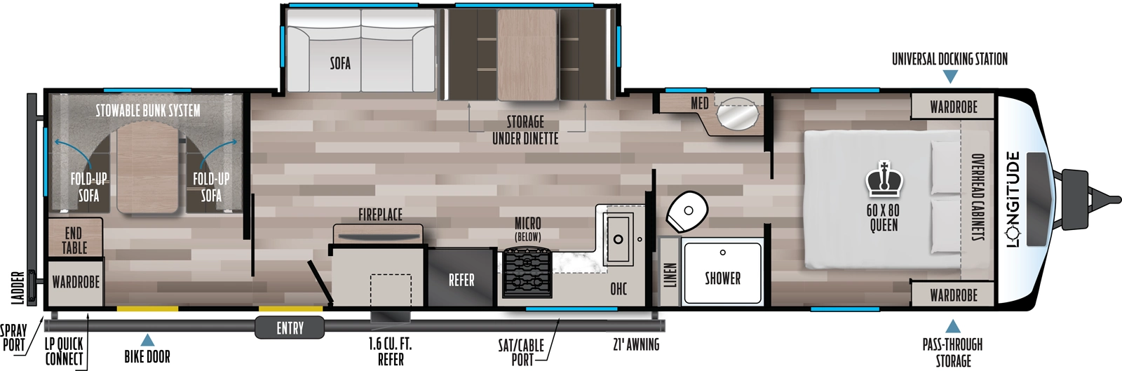 The 319BH has one slideout and one entry. Exterior features front pass-thru storage with universal docking station, 21 foot awning, refrigerator, bike door, LP quick connect, spray port and ladder. Interior layout front to back: foot-facing queen bed with overhead cabinet and wardrobes on each side; full pass-thru bathroom with linen closet and medicine cabinet; off-door side slideout with dinette with storage below, and sofa; kitchen counter with sink along inner wall wraps to door side with overhead cabinet, microwave, cooktop with air fryer below, refrigerator, fireplace, closet and entry; rear bunk room with off-door side fold-up sofas with table, and stowable bunk system, and door side wardrobe and end table.